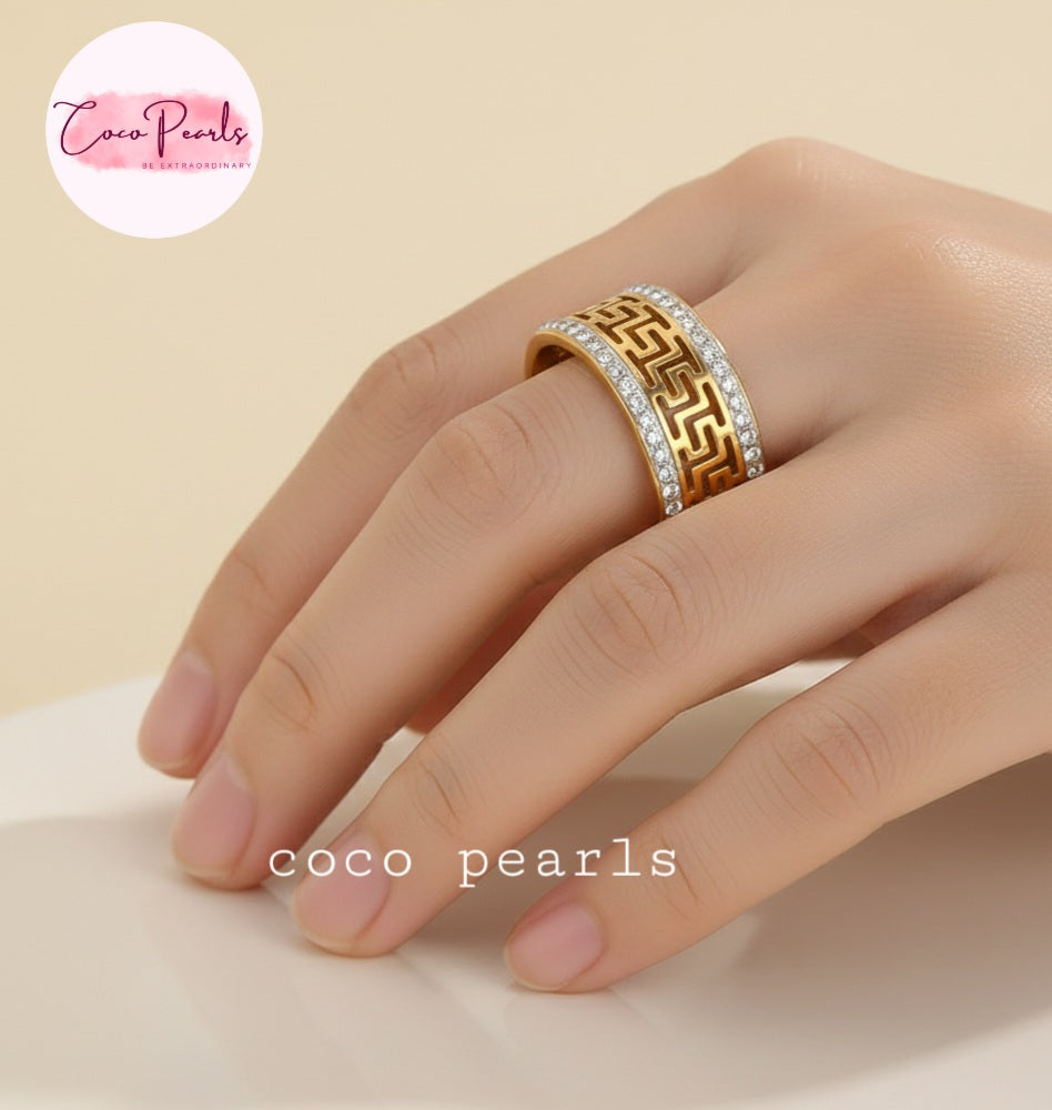 coco pearls stainless steel anti tarnish golden greco glam diamond studded ring displayed on hand