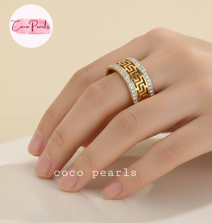 coco pearls stainless steel anti tarnish golden greco glam diamond studded ring displayed on hand
