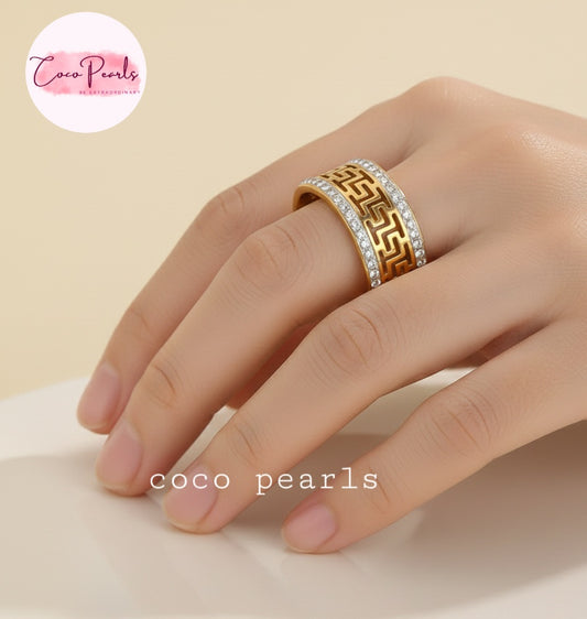 coco pearls stainless steel anti tarnish golden greco glam diamond studded ring displayed on hand