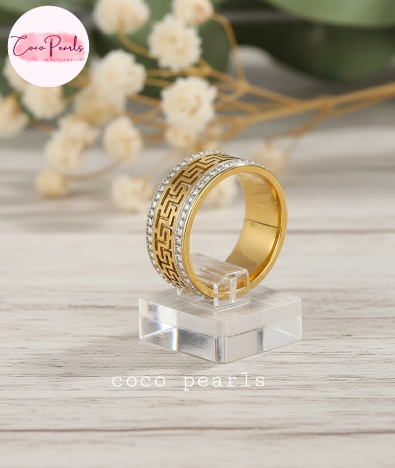 coco pearls stainless steel anti tarnish golden greco glam diamond studded ring displayed on ring stand