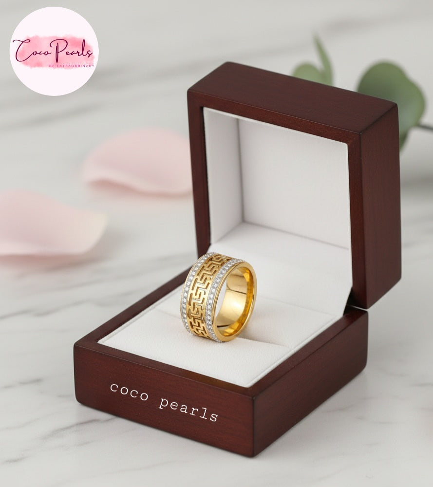 coco pearls stainless steel anti tarnish golden greco glam diamond studded ring displayed on jewelry box