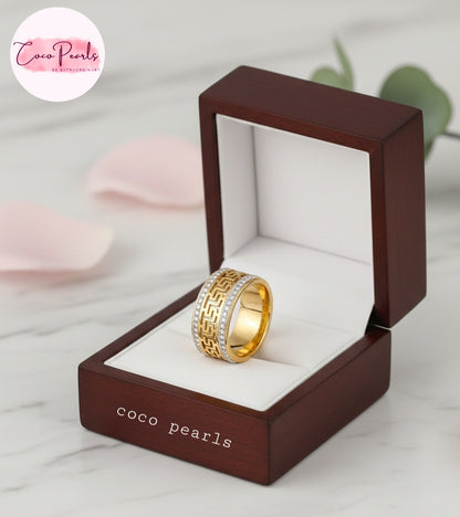 coco pearls stainless steel anti tarnish golden greco glam diamond studded ring displayed on jewelry box