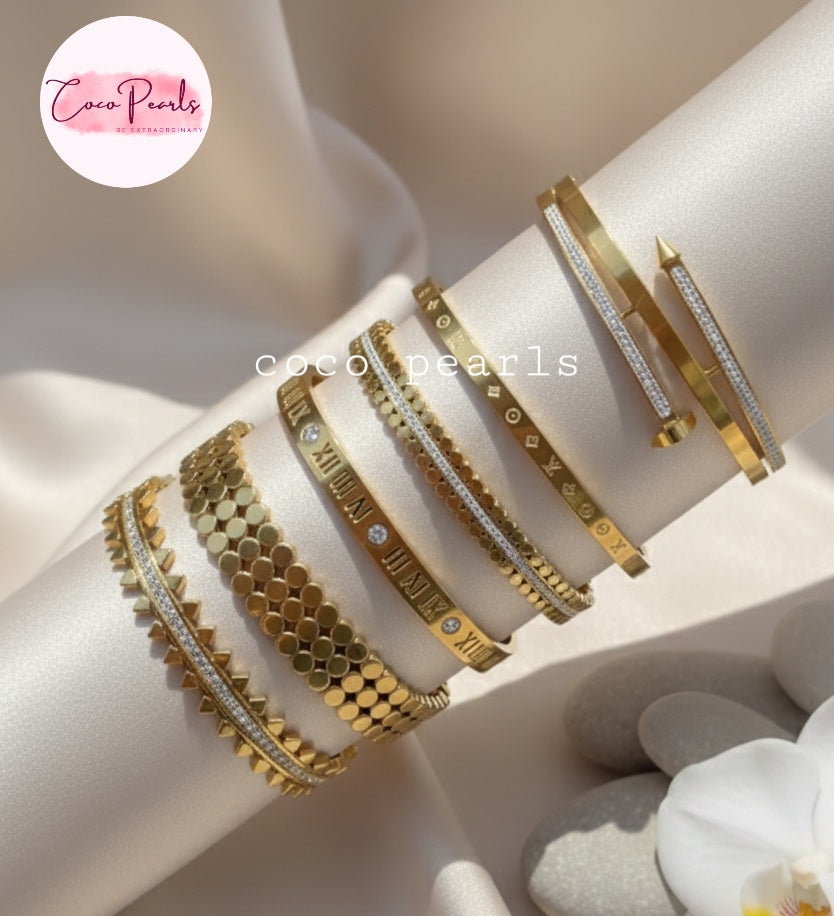 Coco pearls Stainless Steel Anti tarnish golden handcuff bangle bracelets 