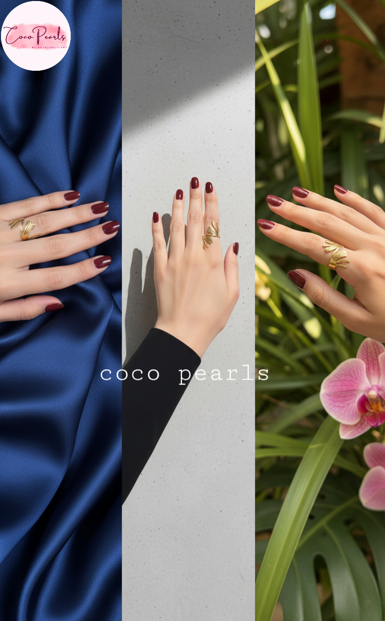 coco pearls stainless steel anti tarnish gold leaf burst ring displayed on hand