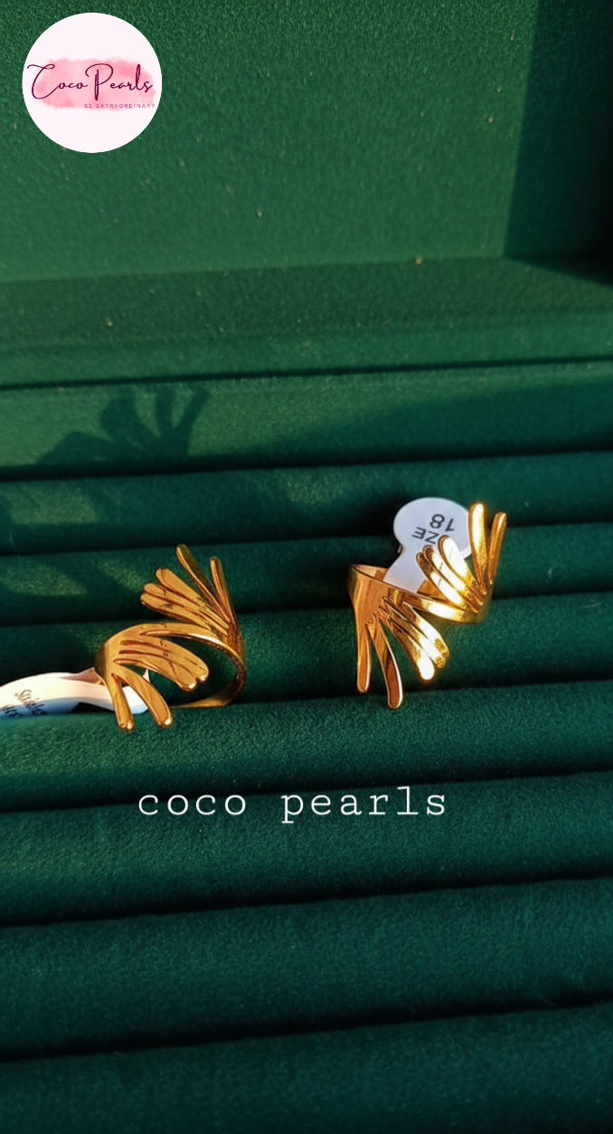 coco pearls stainless steel anti tarnish gold leaf burst ring displayed in a box