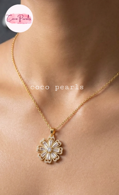 coco pearls stainless steel pakistan anti tarnish waterproof Gold luxury flower necklace with a floral pendant on neck