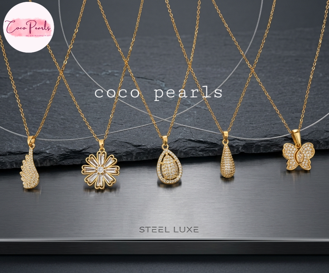 coco pearls stainless steel pakistan anti tarnish waterproof five gold necklaces with pendants on a dark surface