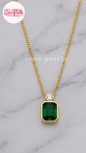 Coco Pearls Stainless Steel Anti Tarnish onyx obsession Gold necklace with a green rectangular gemstone and a small round gemstone on top with a gold chain.