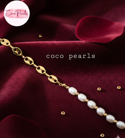 Coco Pearls Stainless Steel Anti Tarnish Pearl cascade bracelet with gold chain  and pearls 