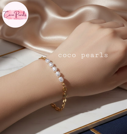 Coco Pearls Stainless Steel Anti Tarnish Pearl cascade bracelet Pearl  chain bracelet on a wrist 