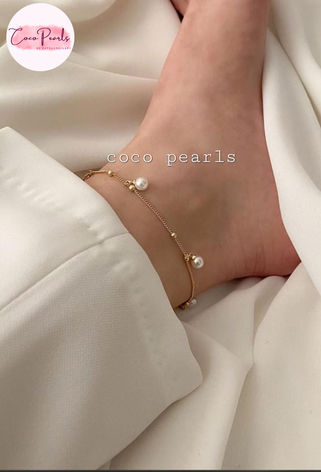 Coco Pearls Stainless Steel Anti Tarnish Gold pearl chain anklet with pearls on a ankle against a white fabric background
