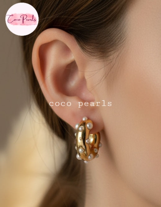 Coco Pearls stainless steel anti tarnish Gold  pearl hoop earrings with pearls studded on hoop worn by a person