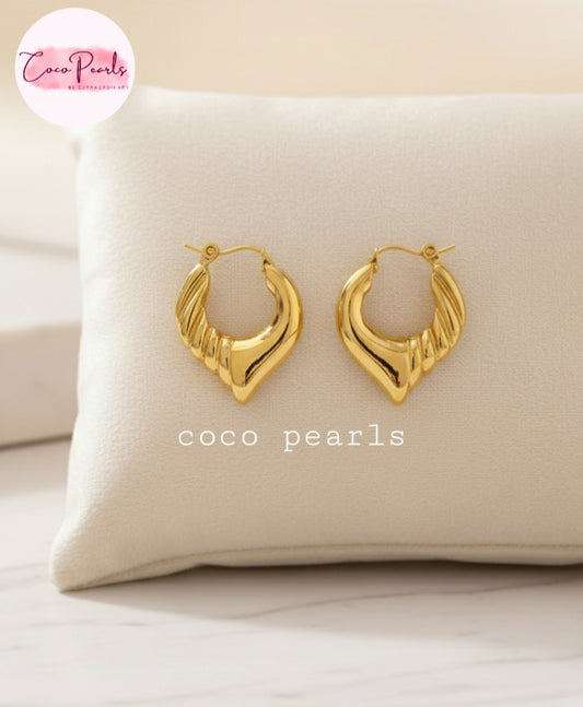 Coco Pearls Stainless steel Anti tarnish Gold petal drop hoop earrings  displayed on a white cushion