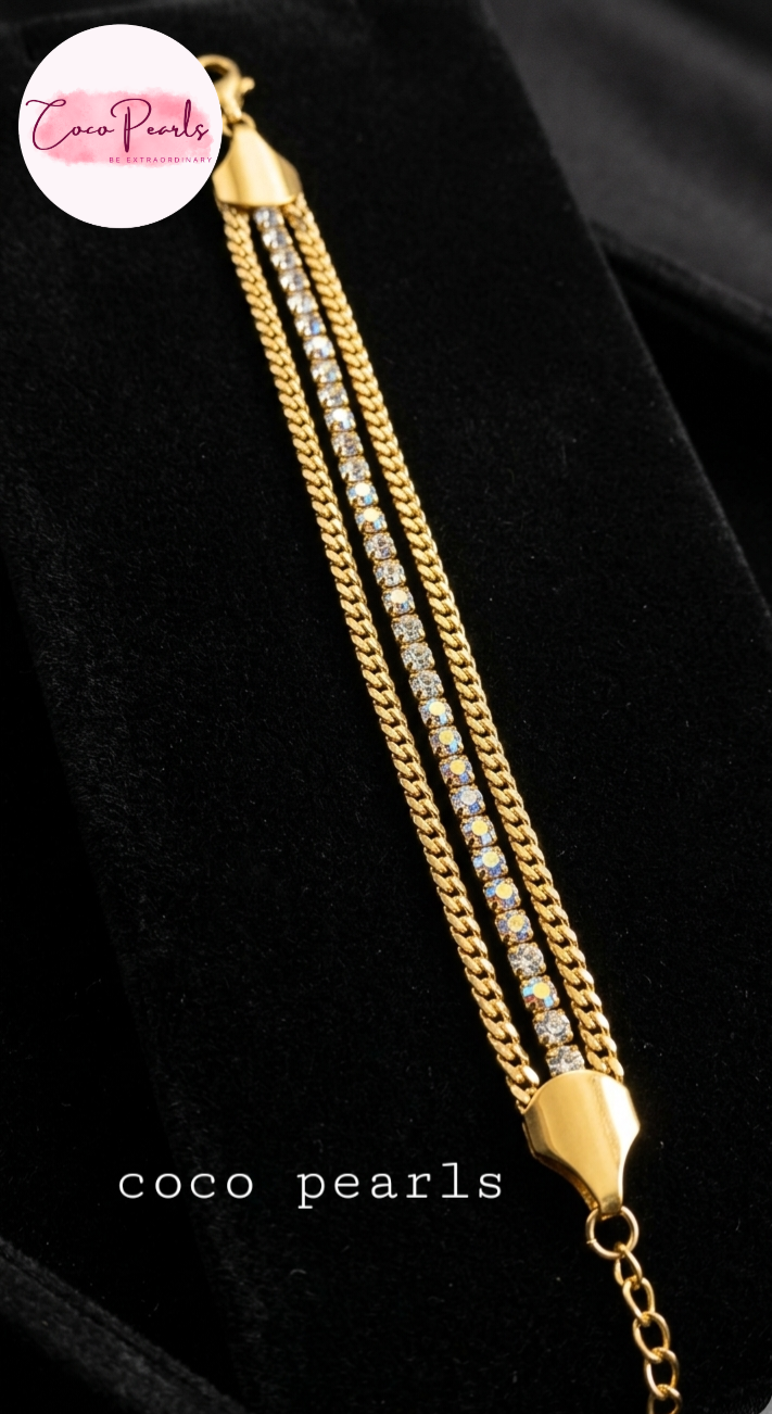 Coco Pearls Stainless Steel Anti tarnish gold radiant river bracelet. 3 layer stack bracelet with diamond studded line with chain on both side 