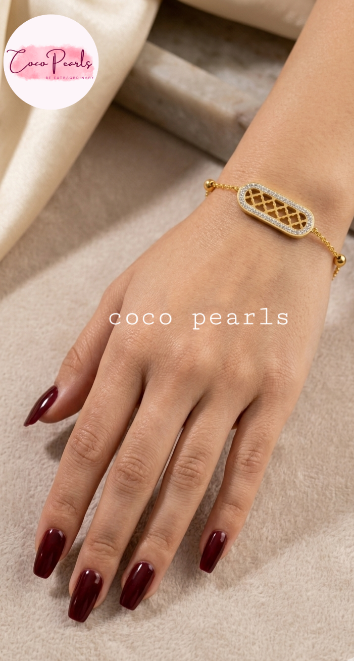 Coco pearls stainless Steel anti tarnish gold halo bracelet with subtle design displayed on 
