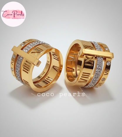 Coco Pearls Stainless Steel Anti Tarnish Gold roman rings with Roman numeral design on a light gray background