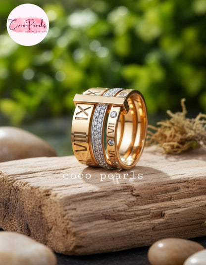Coco Pearls Stainless Steel Anti Tarnish Gold roman ring with Roman numeral design on a wooden surface