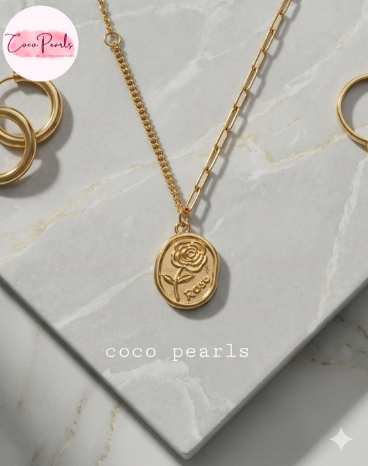 Coco Pearls Stainless Steel Anti Tarnish Gold rose charm necklace with a pendant with rose engraved