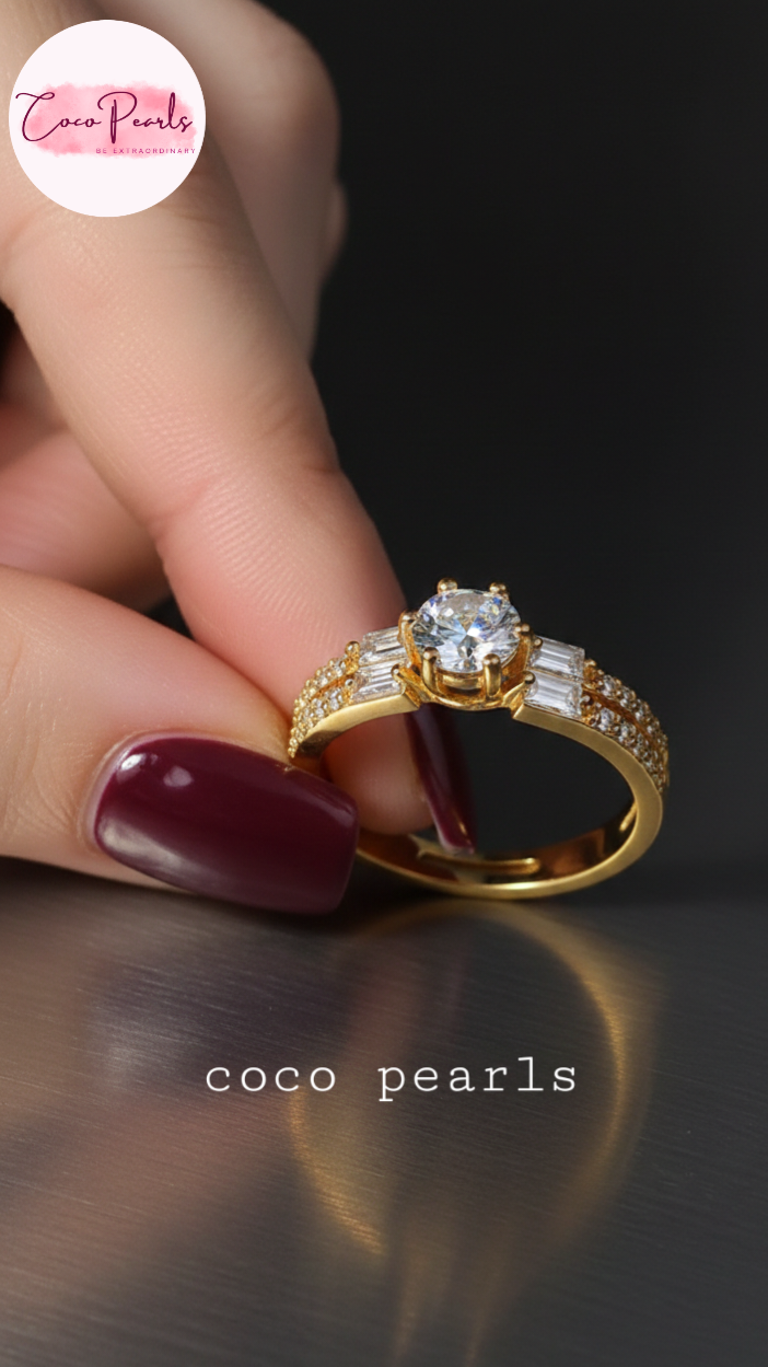 coco pearls stainless steel anti tarnish gold royal  adjustable diamond studded ring displayed on hand