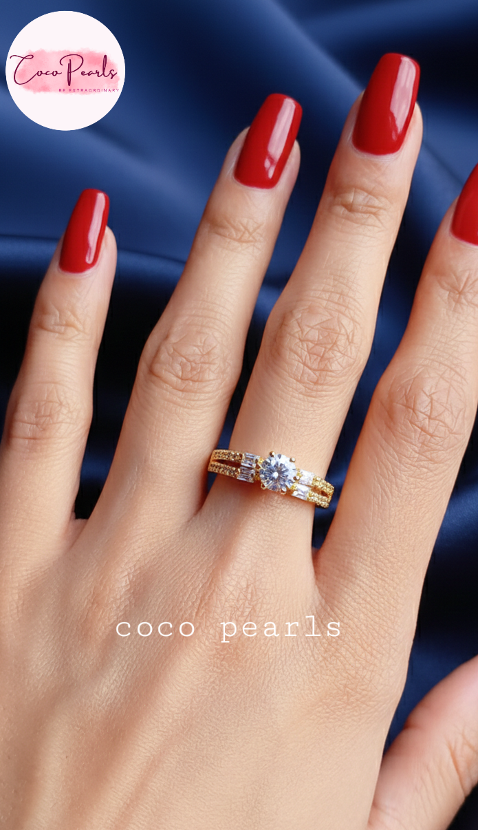 coco pearls stainless steel anti tarnish gold royal  adjustable diamond studded ring displayed on hand