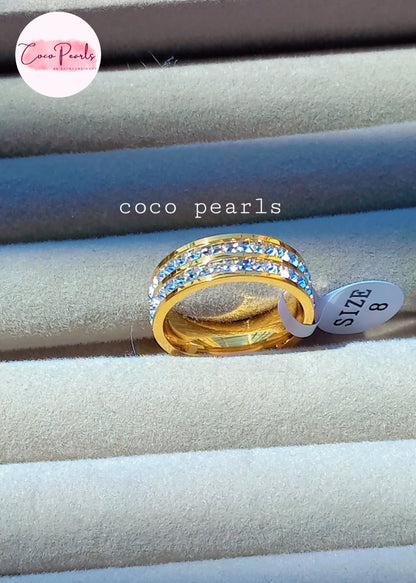 coco pearls stainless steel anti tarnish golden shimmering elegance ring displayed on a grey background