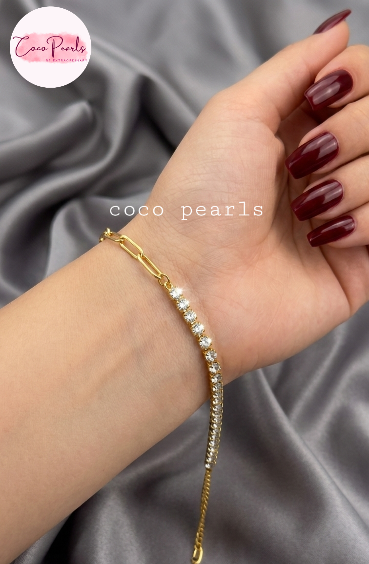 Coxo pearls stainless Steel anti tarnish Gold bracelet with clear stones on hand