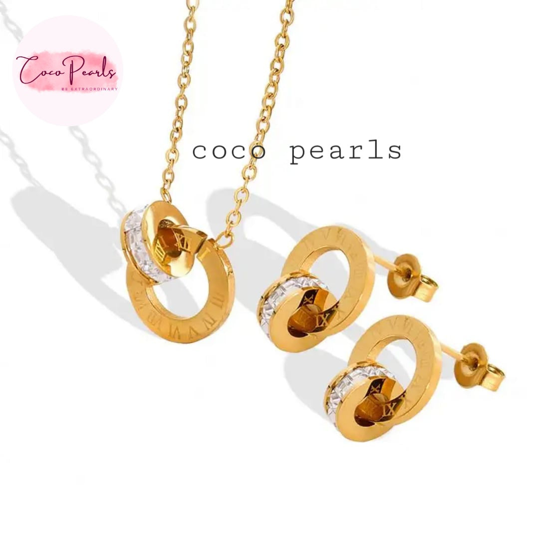 Coco Pearls Stainless Steel Anti tarnish Gold sparkle loop jewelry set with diamond studded necklace, earrings, and bracelet on a white surface