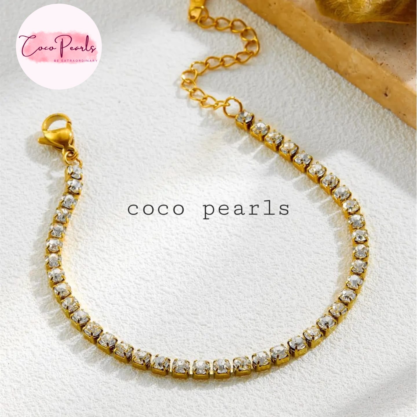 Coco Pearls Stainless Steel Anti Tarnish Gold sparkling delight bracelet with pearls on a white background