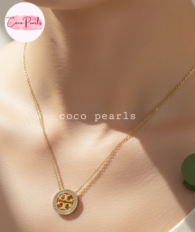 Coco Pearls Stainless Steel Anti Tarnish Gold sparkly vibe diamond studded necklace on a women neck