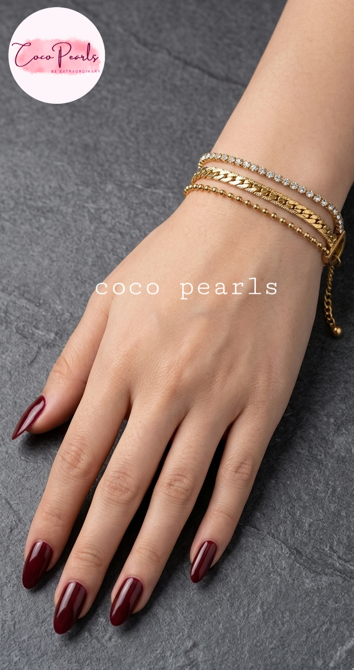 Coco Pearls Stainless steel anti tarnish Gold triple harmony bracelets with dot chain mesh chain and diamond chain
