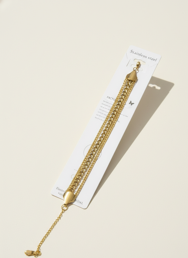 Coco Pearls Stainless Steel Anti Tarnish Gold triple link bracelet 3 layer chains displayed on white background