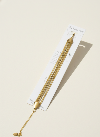 Coco Pearls Stainless Steel Anti Tarnish Gold triple link bracelet 3 layer chains displayed on white background