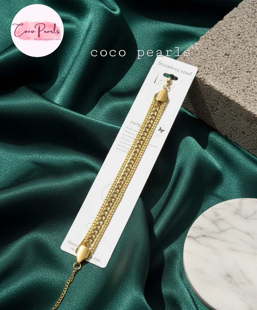 Coco Pearls Stainless Steel Anti Tarnish Gold triple link bracelet 3 layer chains displayed on white card