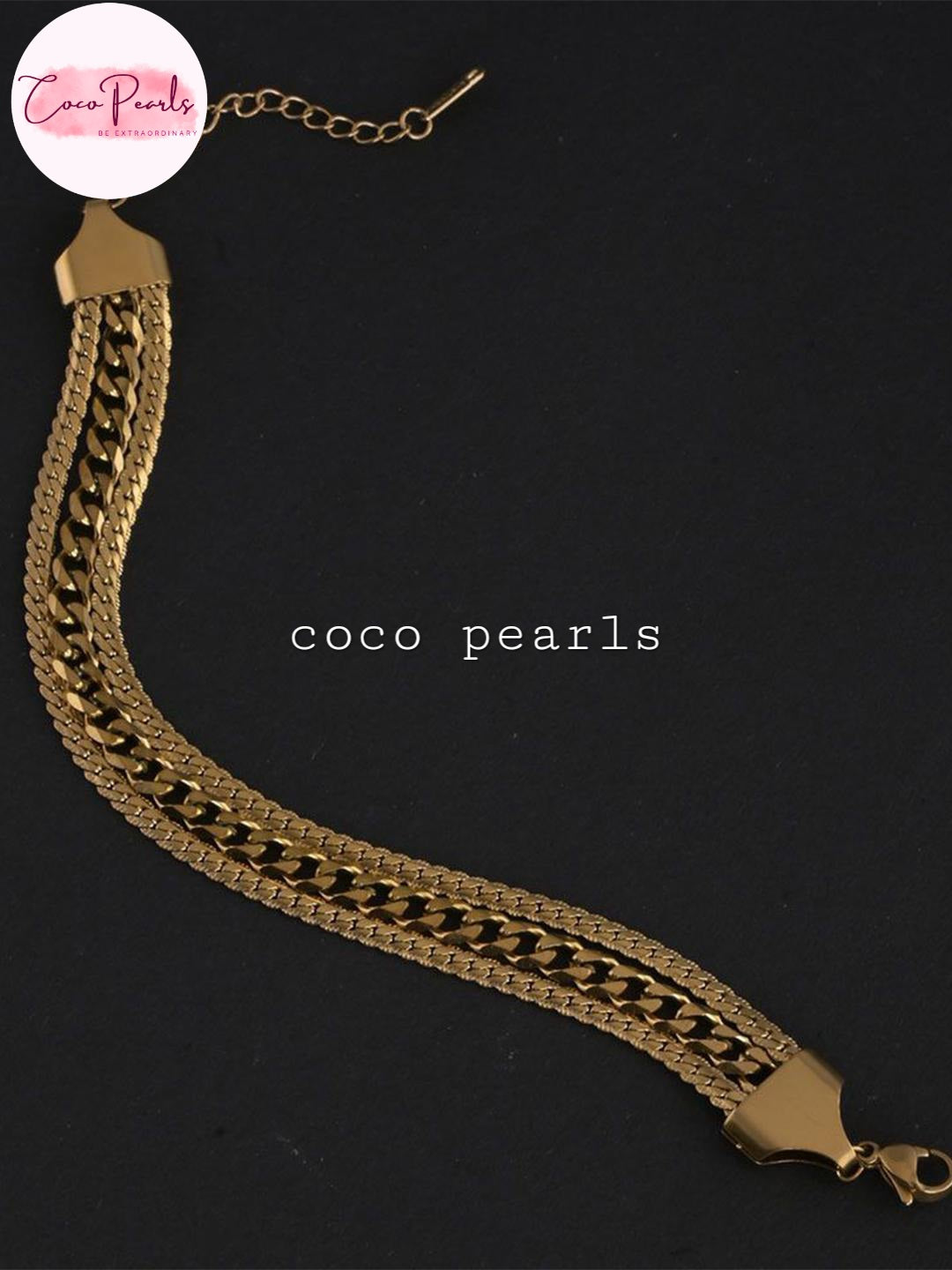 Coco Pearls Stainless Steel Anti Tarnish Gold triple link bracelet 3 layer chains displayed on black background