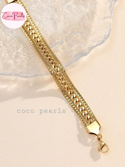 Coco Pearls Stainless Steel Anti Tarnish Gold triple link bracelet 3 layer chains displayed on white background