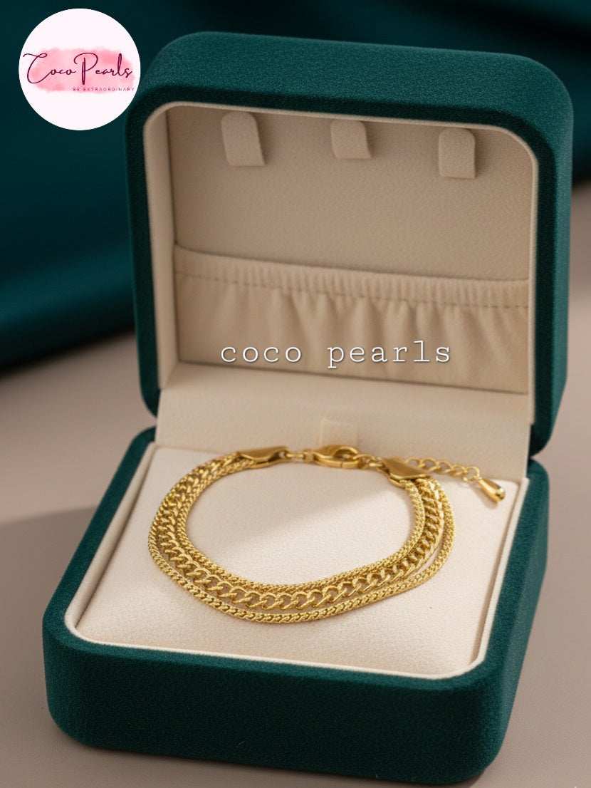 Coco Pearls Stainless Steel Anti Tarnish Gold triple link bracelet 3 layer chains displayed on jewelry box