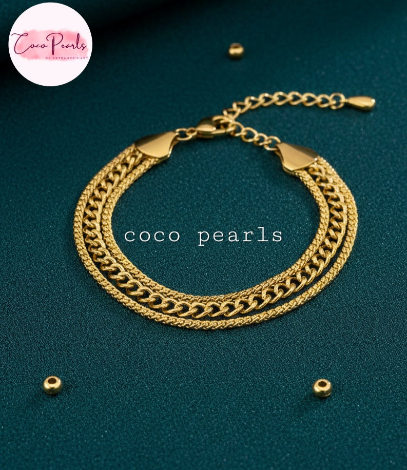 Coco Pearls Stainless Steel Anti Tarnish Gold triple link bracelet 3 layer chains displayed on teal background