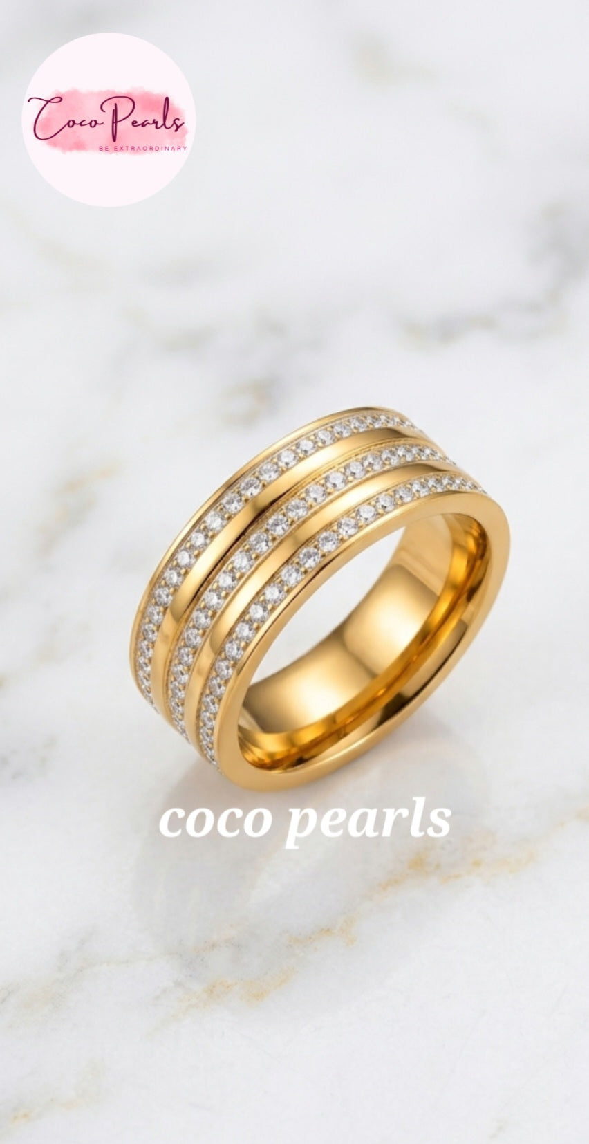 Coco pearls stainless Steel anti tarnish gold triple sparkle ring band with 3 layers of dimaond studded band displayed on simple background 