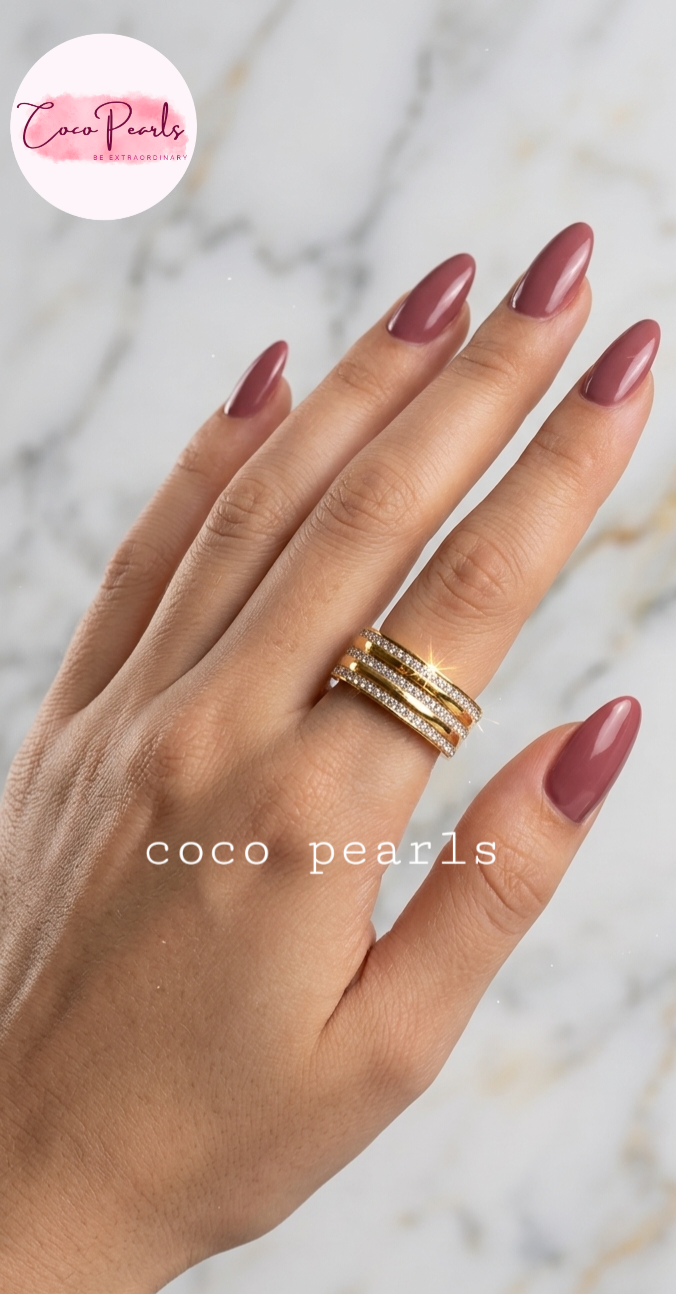 Coco pearls stainless Steel anti tarnish gold triple sparkle ring band with 3 layers of dimaond studded band displayed on hand