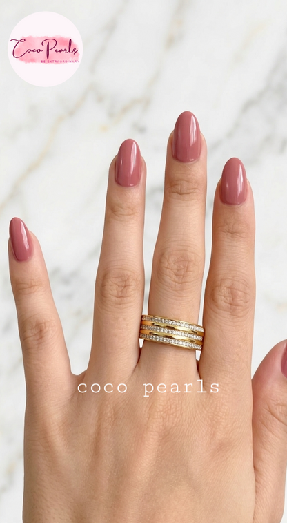 Coco pearls stainless Steel anti tarnish gold triple sparkle ring band with 3 layers of dimaond studded band displayed on hand