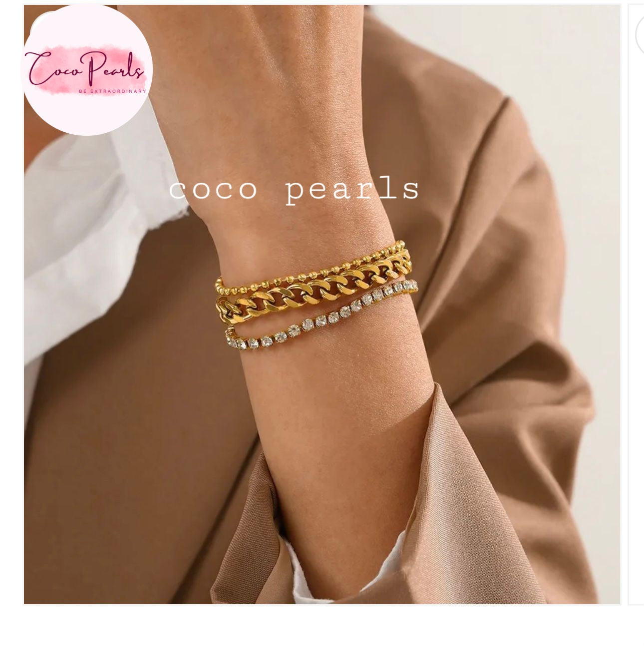 Coco Pearls Stainless Steel Anti Tarnish Gold triple threat glam bracelet with 3 layer stack bracelet. dot chain, thick chain and rhinestone chain displayed on hand