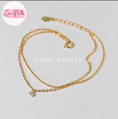 Coco Pearls Stainless Steel Anti Tarnish Gold twinkle duo anklet double chain and a small diamond hanging