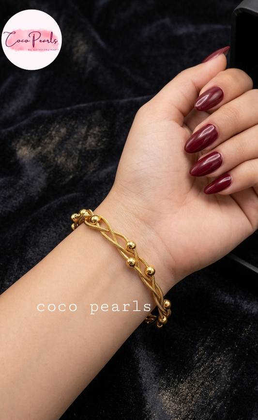 coco pearls stainless steel anti tarnish gold twisted braid bracelet with 3 ball chains twisted in a braid
