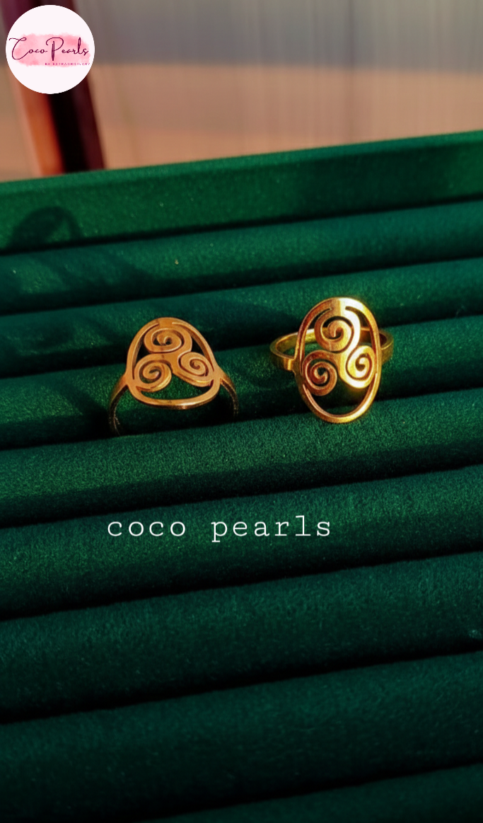 coco Pearls Stainless steel anti tarnish gold whirl ring displayed on box