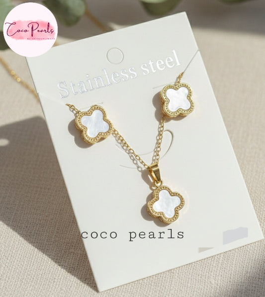 coco pearls stainless steel anti tarnish gold and white clover set with necklace and earrings displayed on a white card